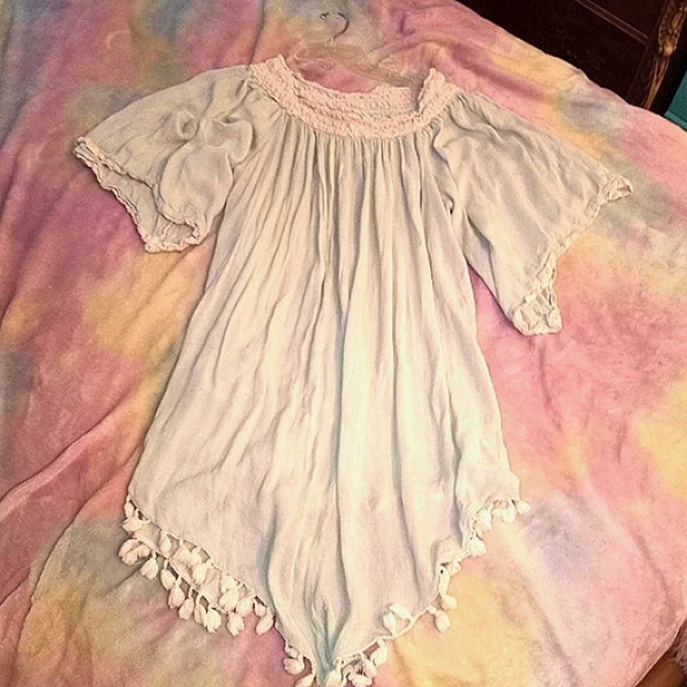 Large Nouveau Beach Mint Green Swim Suit Tassle PomPoms Coverup